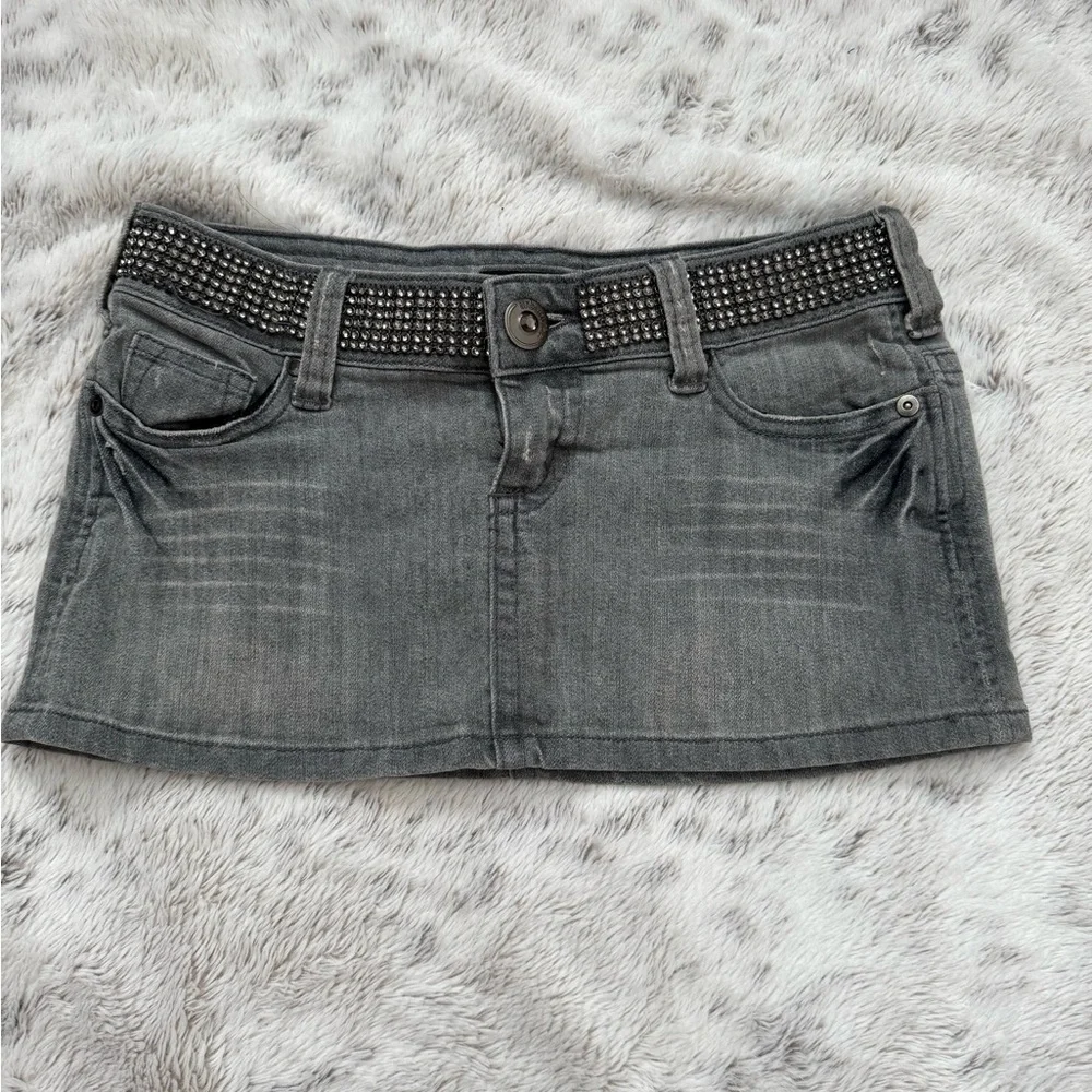 Gray Denim Mini Skirt with Studded Belt - Picture 1 of 6